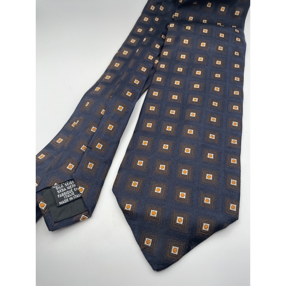 Hugo Boss Mens Silk Tie Navy Blue Orange Geometric Square Pattern Made in Italy